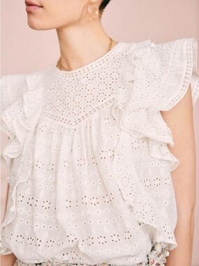 Sézane Eyelet Ruffle Blouse | Cream | Size 42 (US L)